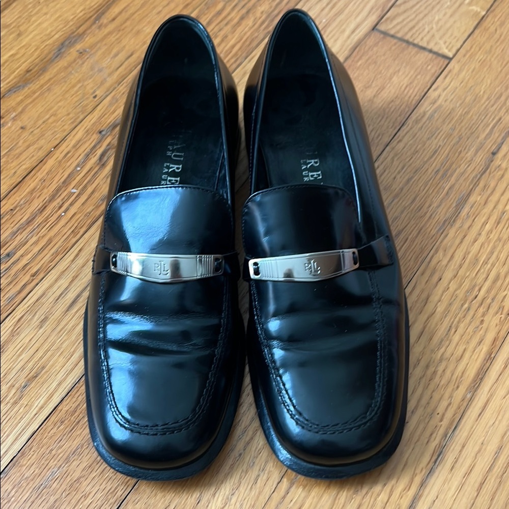 SOLD Ralph Lauren Shiny Black Loafers with Silver Detail